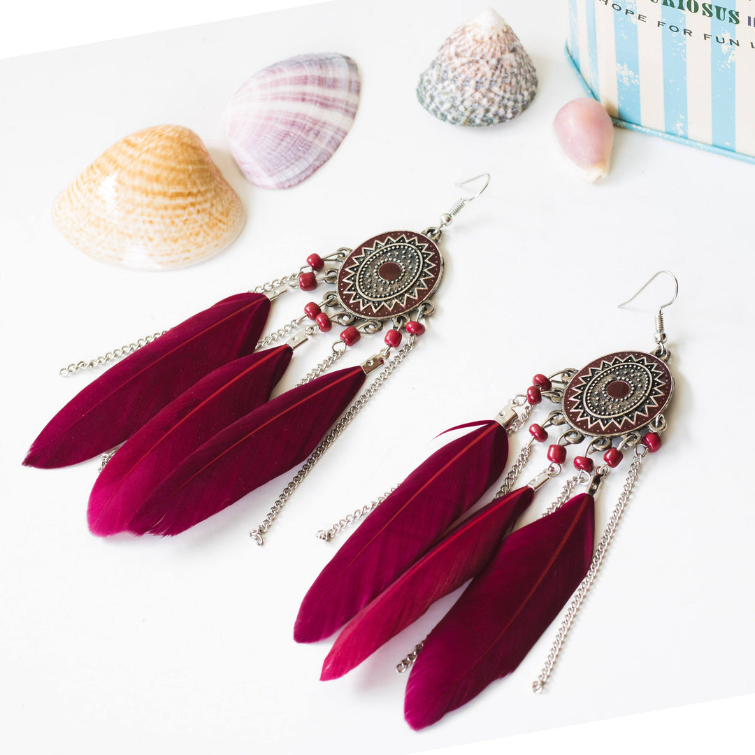 Bohemian Feather Earrings, Boho Style In Red