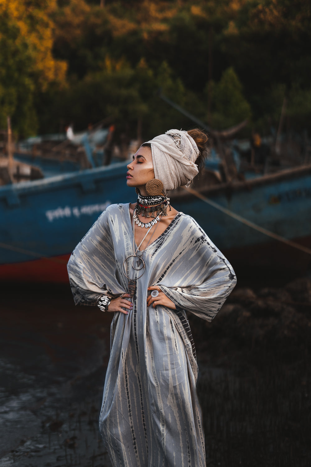 Maxi Kaftan Dress Tie Dye Light Grey (Fits Plus Size)