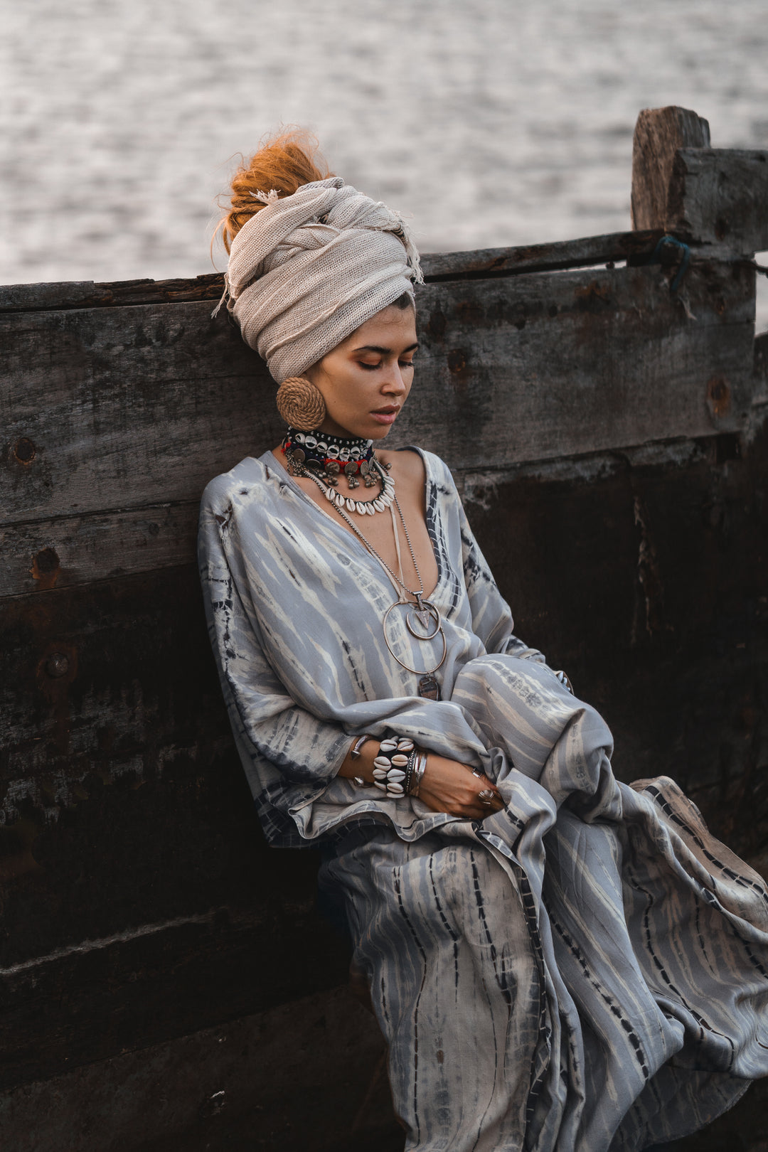 Maxi Kaftan Dress Tie Dye Light Grey (Fits Plus Size)