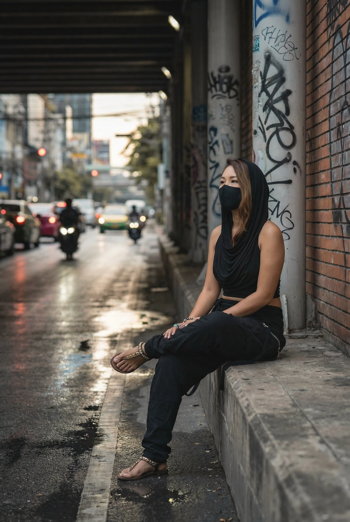 Person sitting on a street corner with graffiti in an urban setting