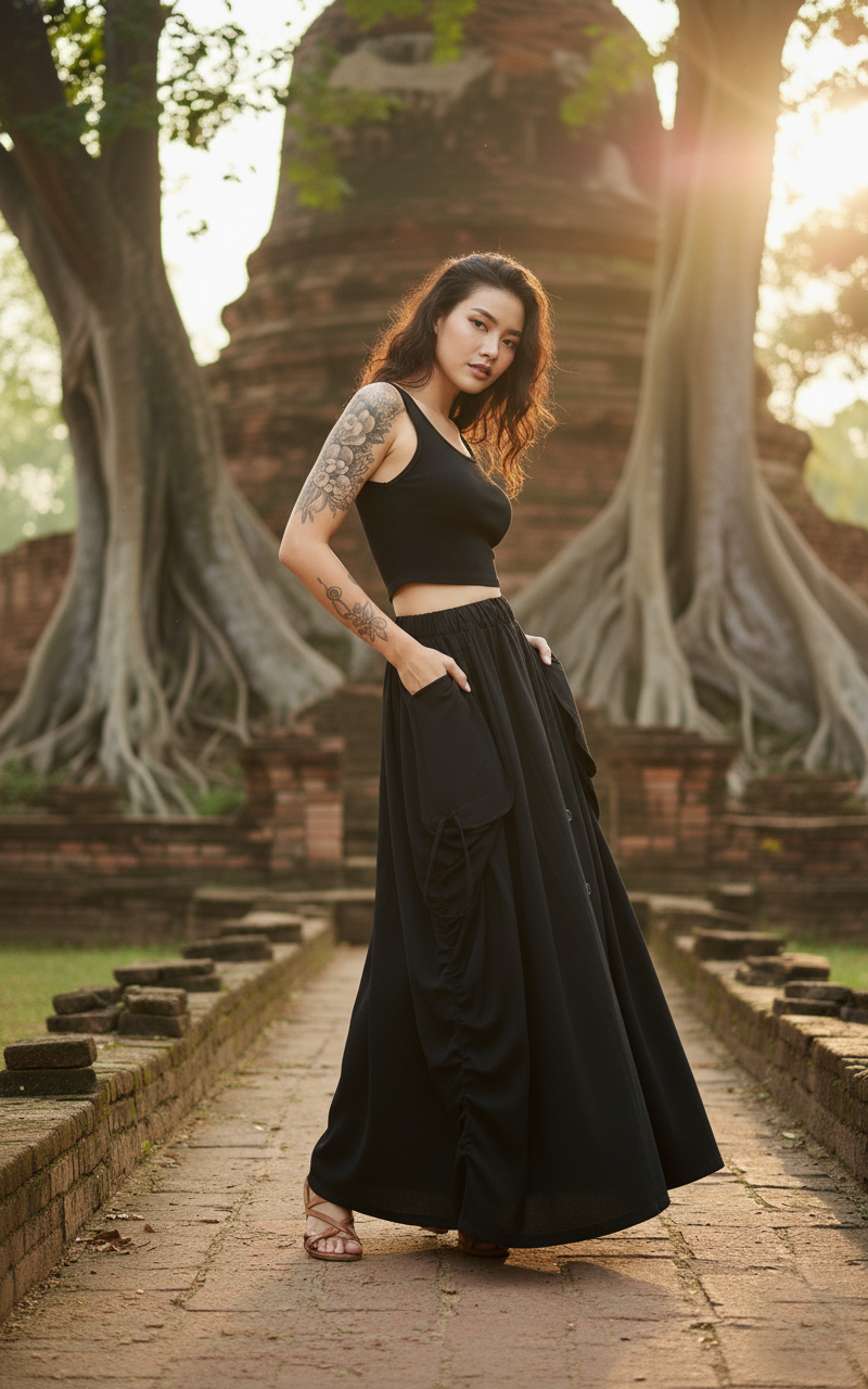 2-in-1 Maxi Skirt Palazzo Pants Black