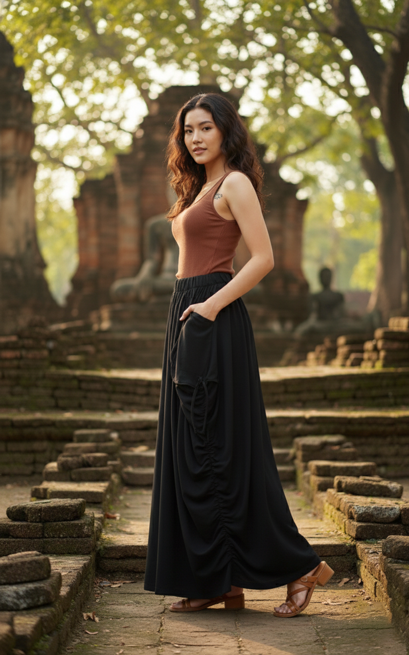 2-in-1 Maxi Skirt Palazzo Pants Black