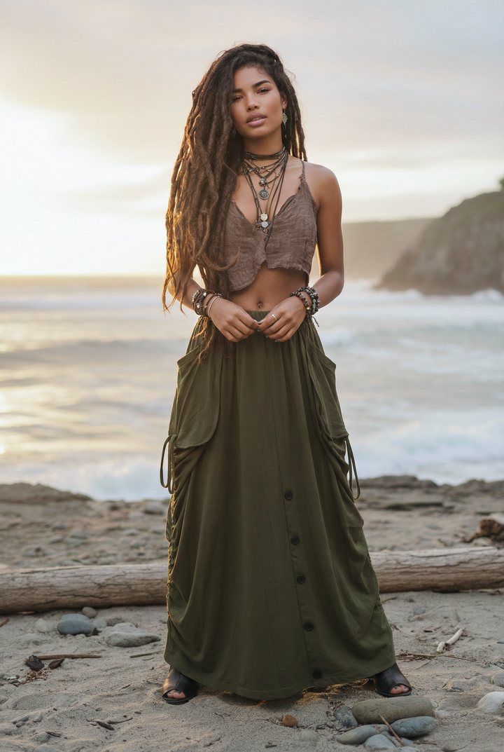 2-in-1 Maxi Skirt Palazzo Pants Olive