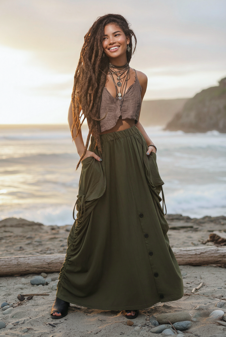 2-in-1 Maxi Skirt Palazzo Pants Olive