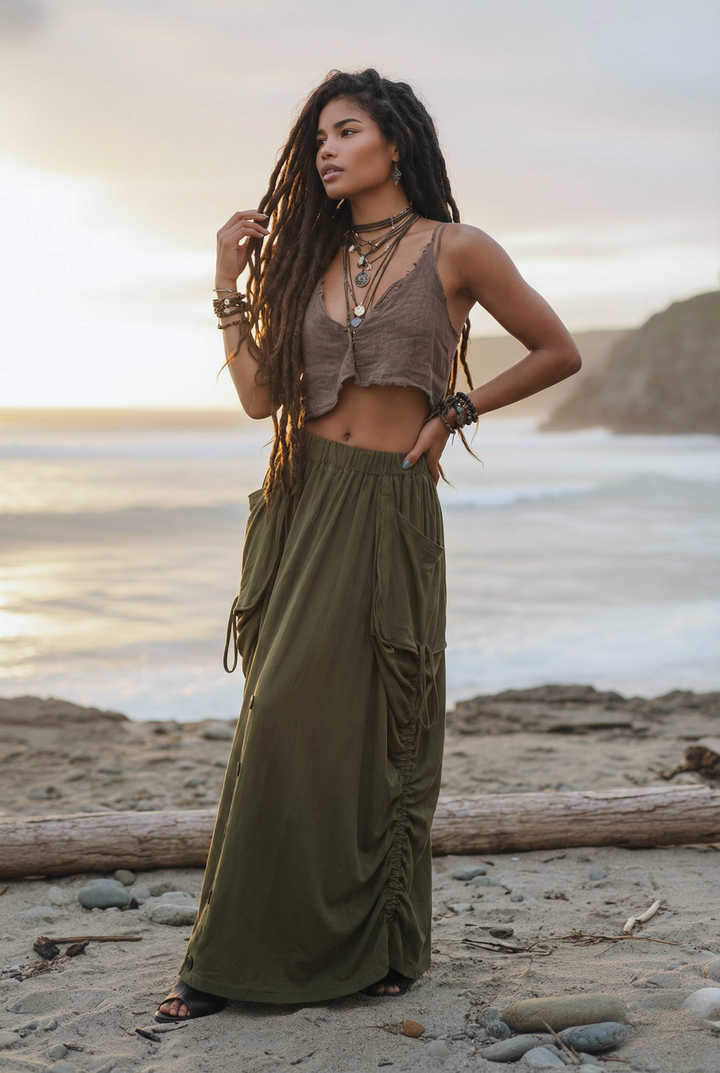 2-in-1 Maxi Skirt Palazzo Pants Olive