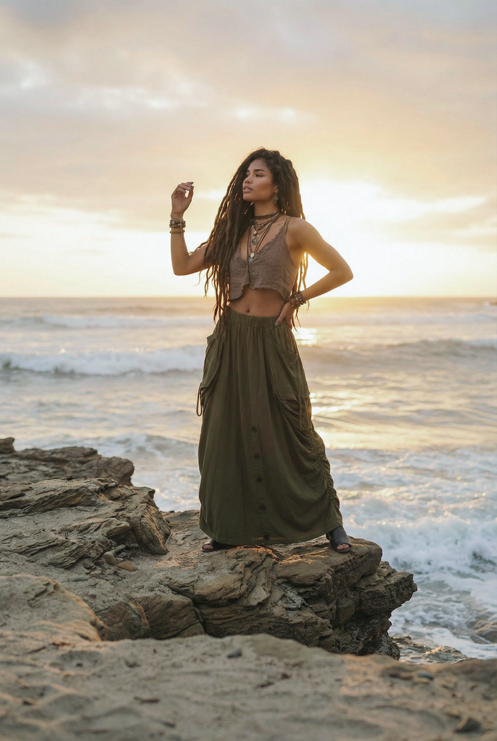 2-in-1 Maxi Skirt Palazzo Pants Olive