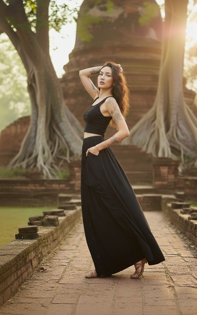 2-in-1 Maxi Skirt Palazzo Pants Black