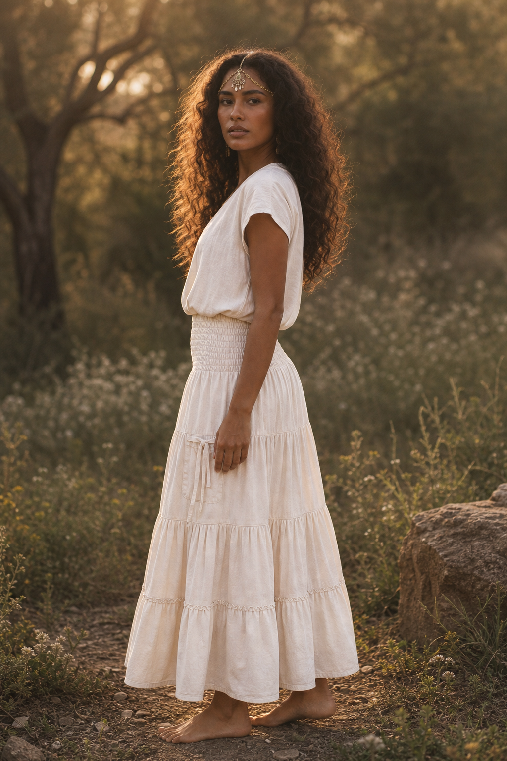 A woman with long curly brown hair stands barefoot outdoors in a sunlit field, wearing a loose white tiered maxi dress with short sleeves and a smocked waist.