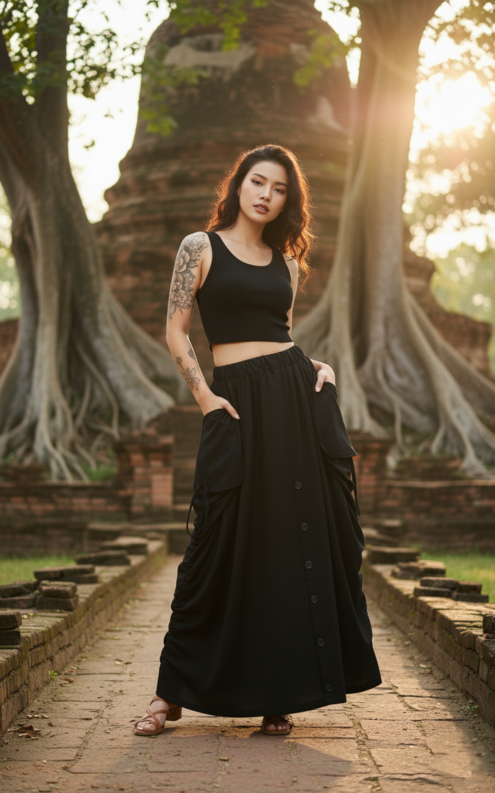 Woman in black outfit standing in front of ancient brick structure with large tree roots