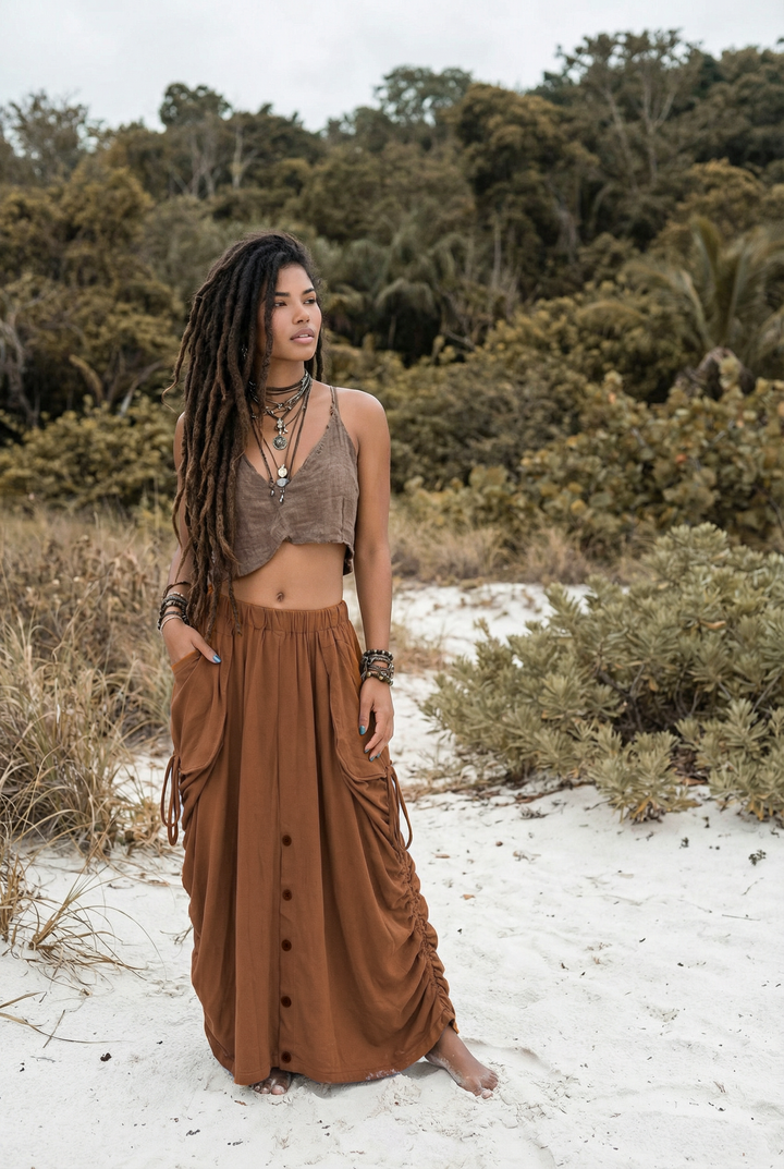 Woman in a brown outfit standing in a natural setting with greenery.