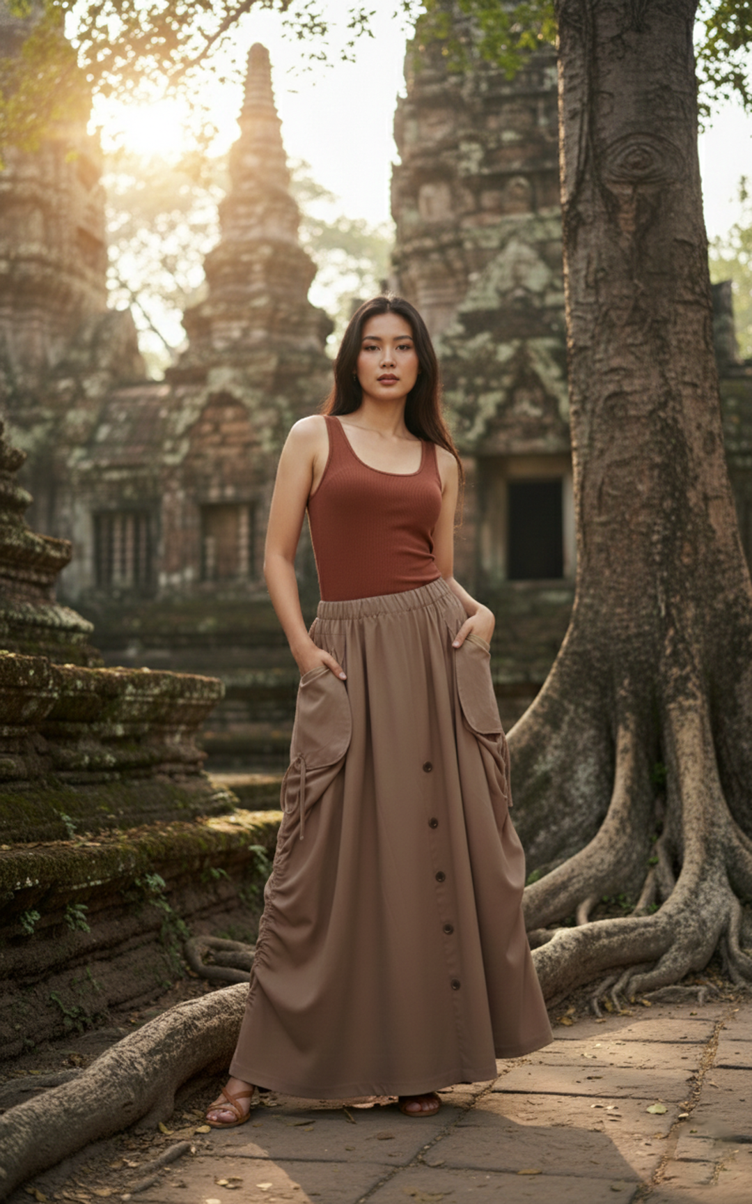 Woman in a rust-colored top and beige skirt standing in front of ancient temple ruins.