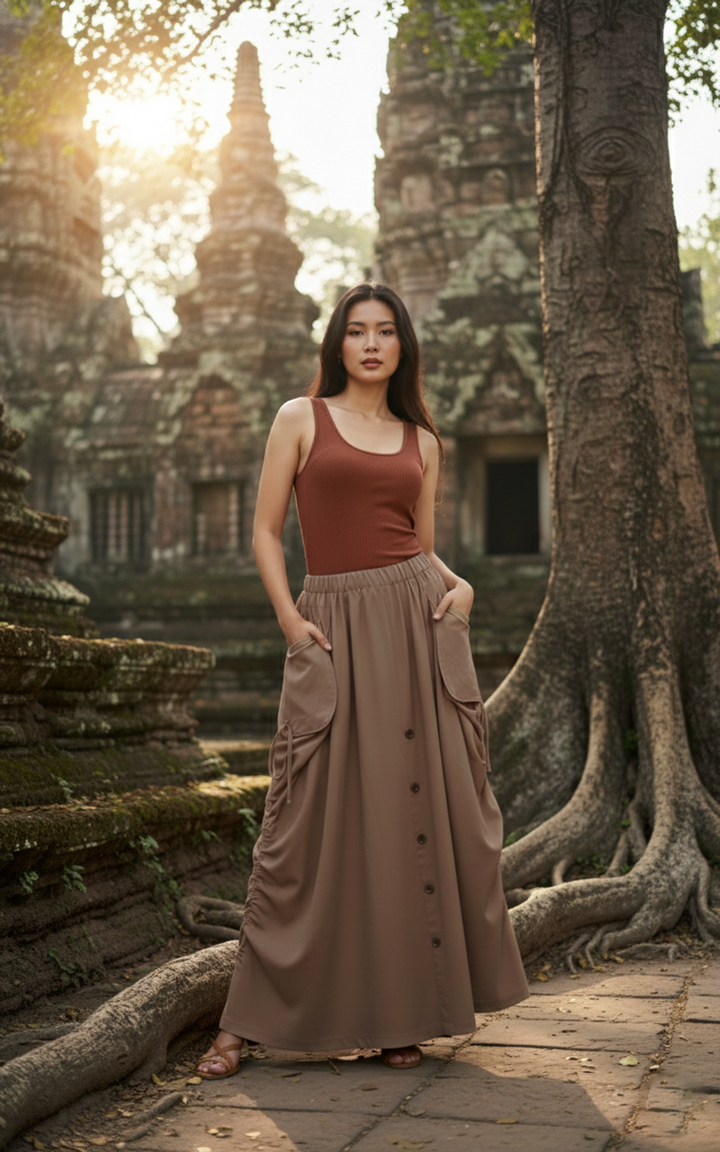 Woman in a rust-colored top and beige skirt standing in front of ancient temple ruins.