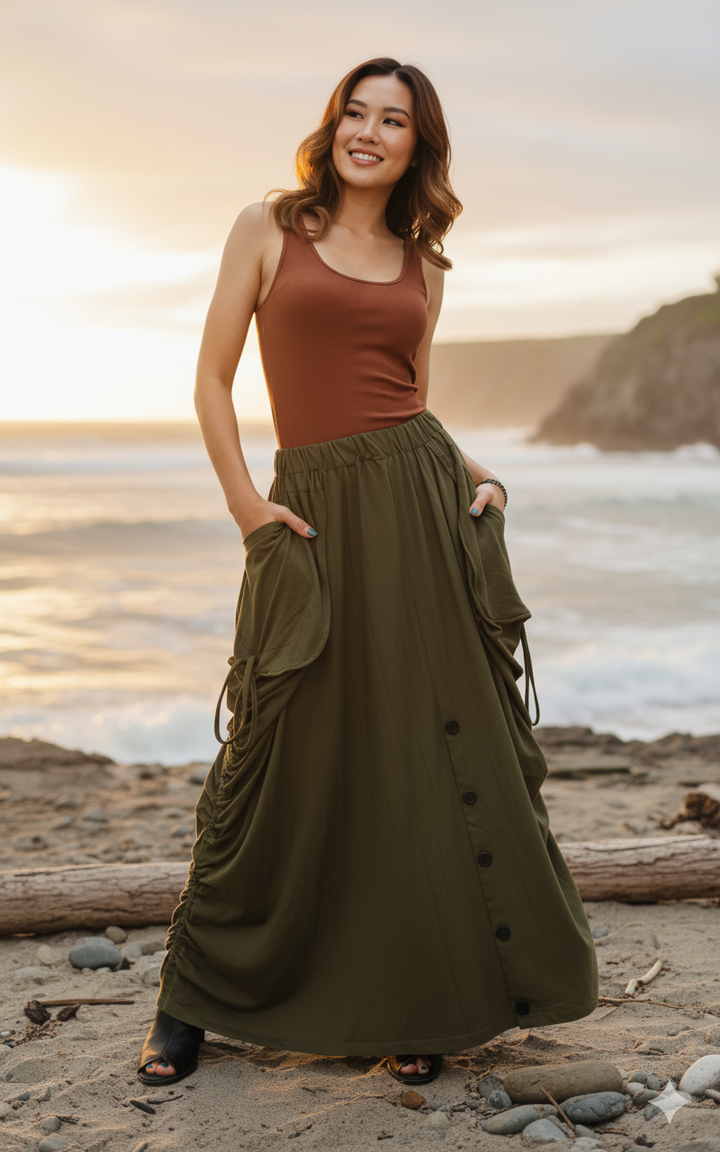 2-in-1 Maxi Skirt Palazzo Pants Olive