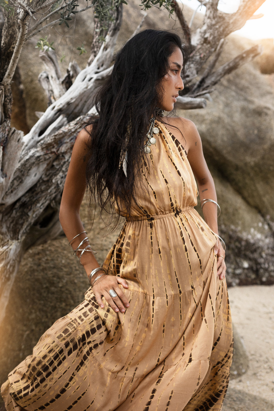 bohemian gold dress spell and the gypsy collective Hendrix Boho Midi Dress In Cream /gold Size Med