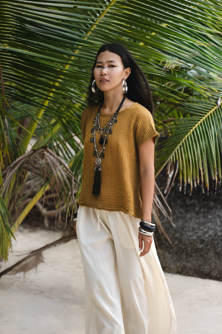 Zaira Gauze Cotton Top Mustard