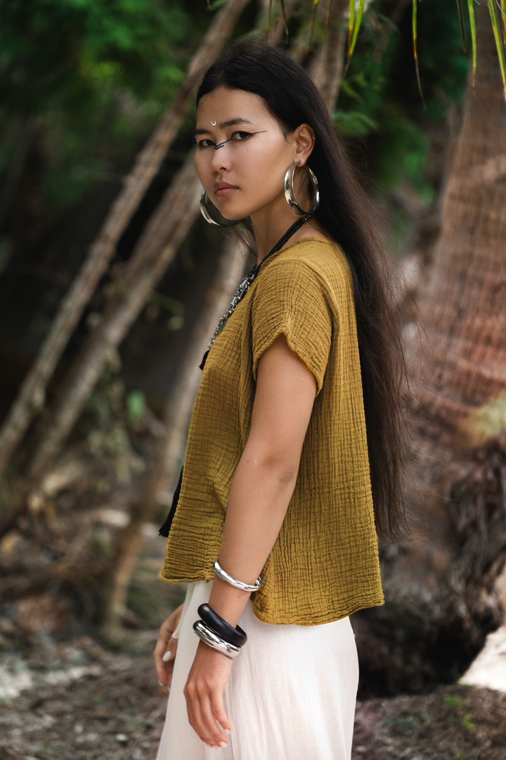 Zaira Gauze Cotton Top Mustard