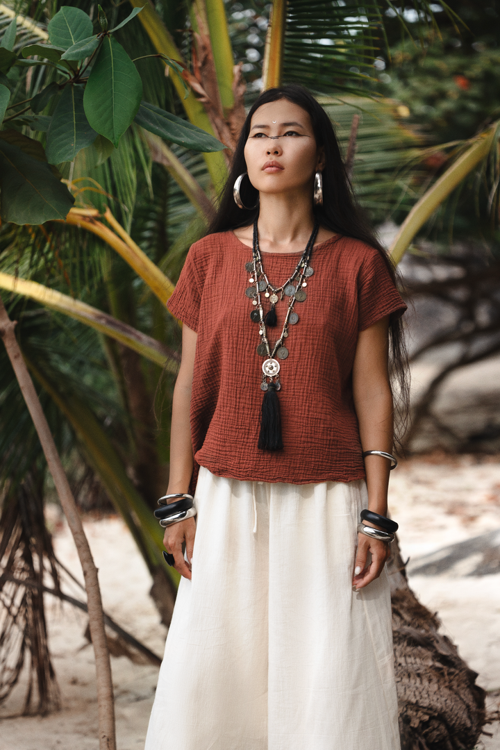 Zaira Gauze Cotton Top Rust