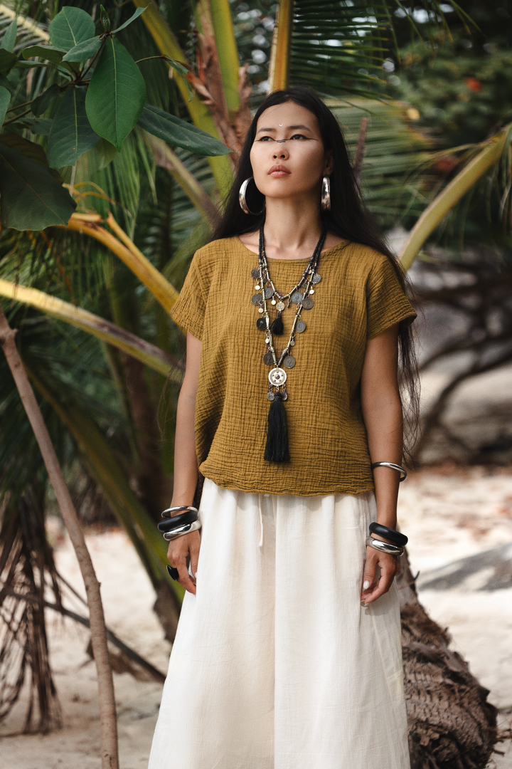 Zaira Gauze Cotton Top Mustard