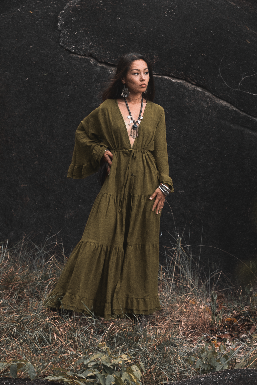 olive green maxi dress with sleeves Womens Next Olive Green Cape Maxi Dress US 10 Tall