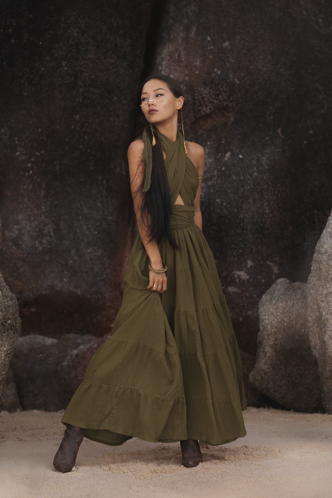 Amara Bohemian Maxi Dress Olive Thaluta Amara Bohemian Maxi Dress Olive Thaluta