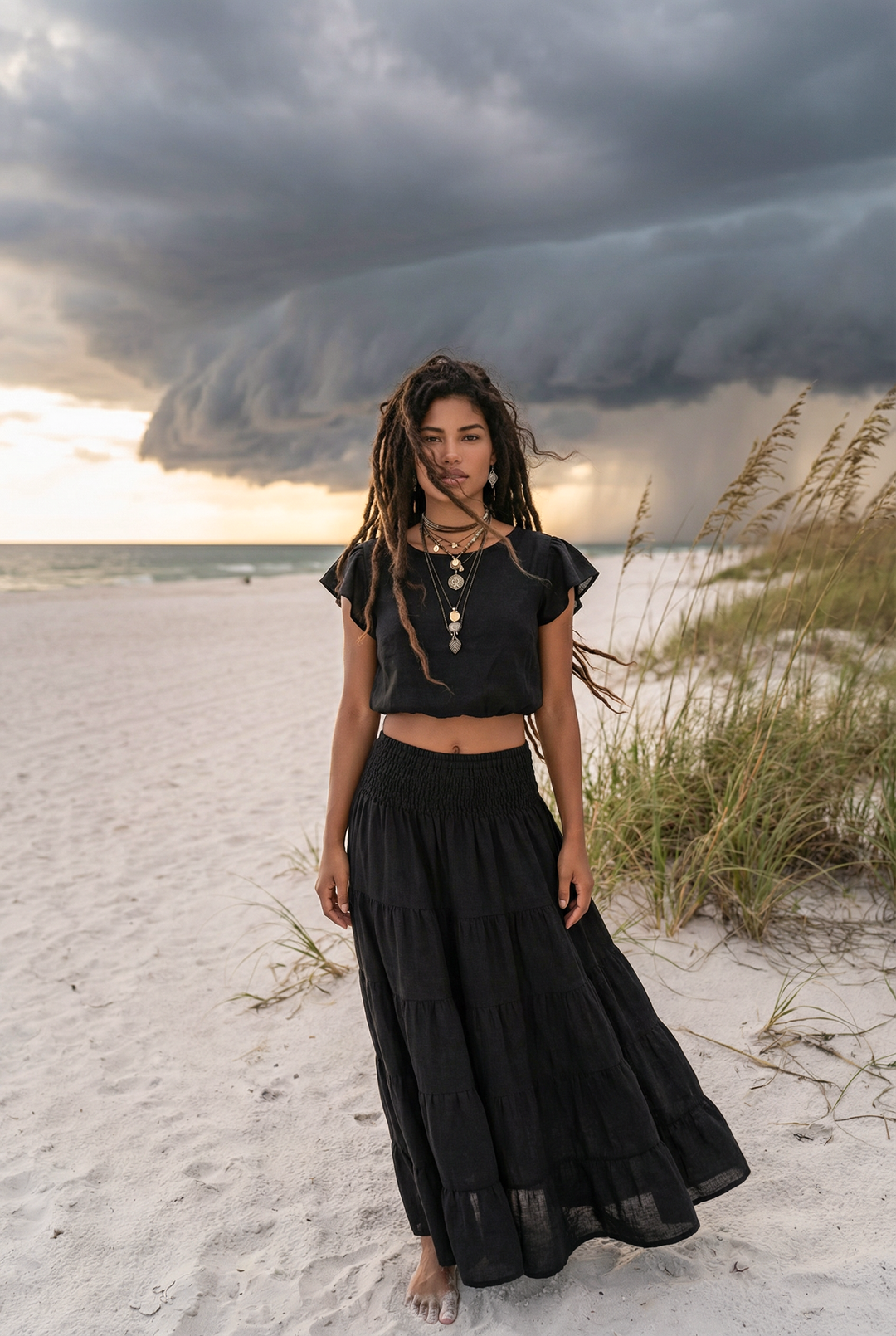 Woman in black outfit standing on a beach with a stormy sky