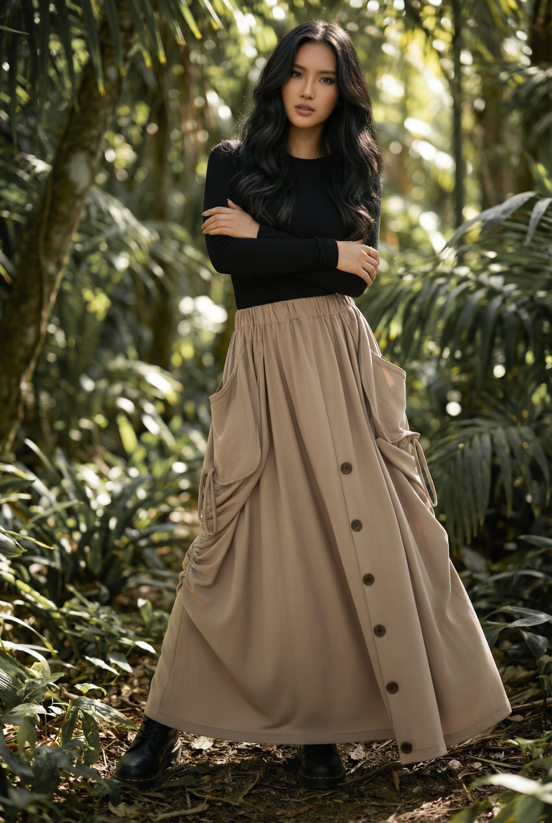 2-in-1 Maxi Skirt Palazzo Pants Beige