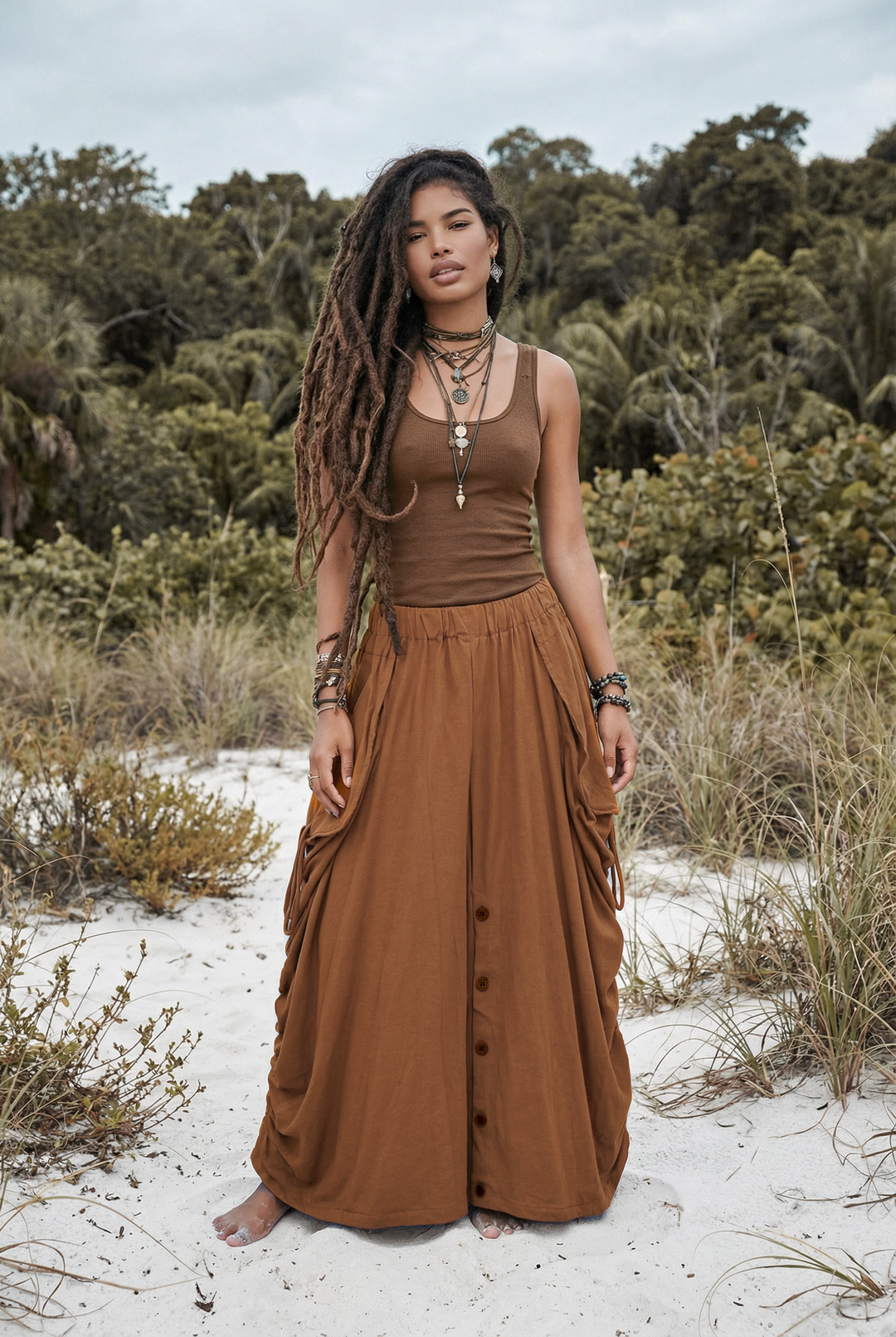 2-in-1 Maxi Skirt Palazzo Pants Burnt Orange