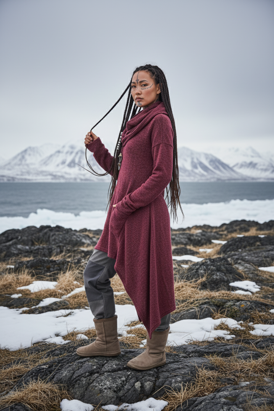 Long Hooded Sweater Coat Sheela Red