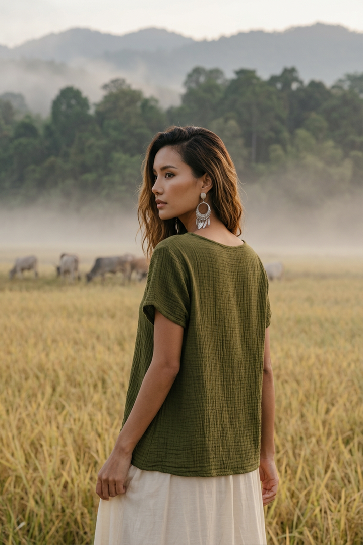 Zaira Gauze Cotton Top Olive