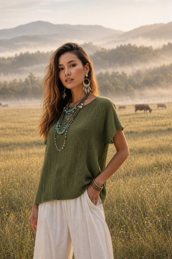 Zaira Gauze Cotton Top Olive