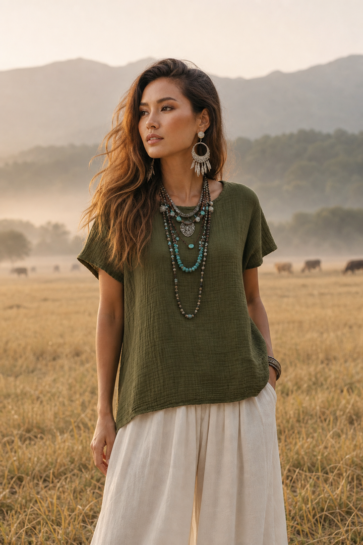 Zaira Gauze Cotton Top Olive
