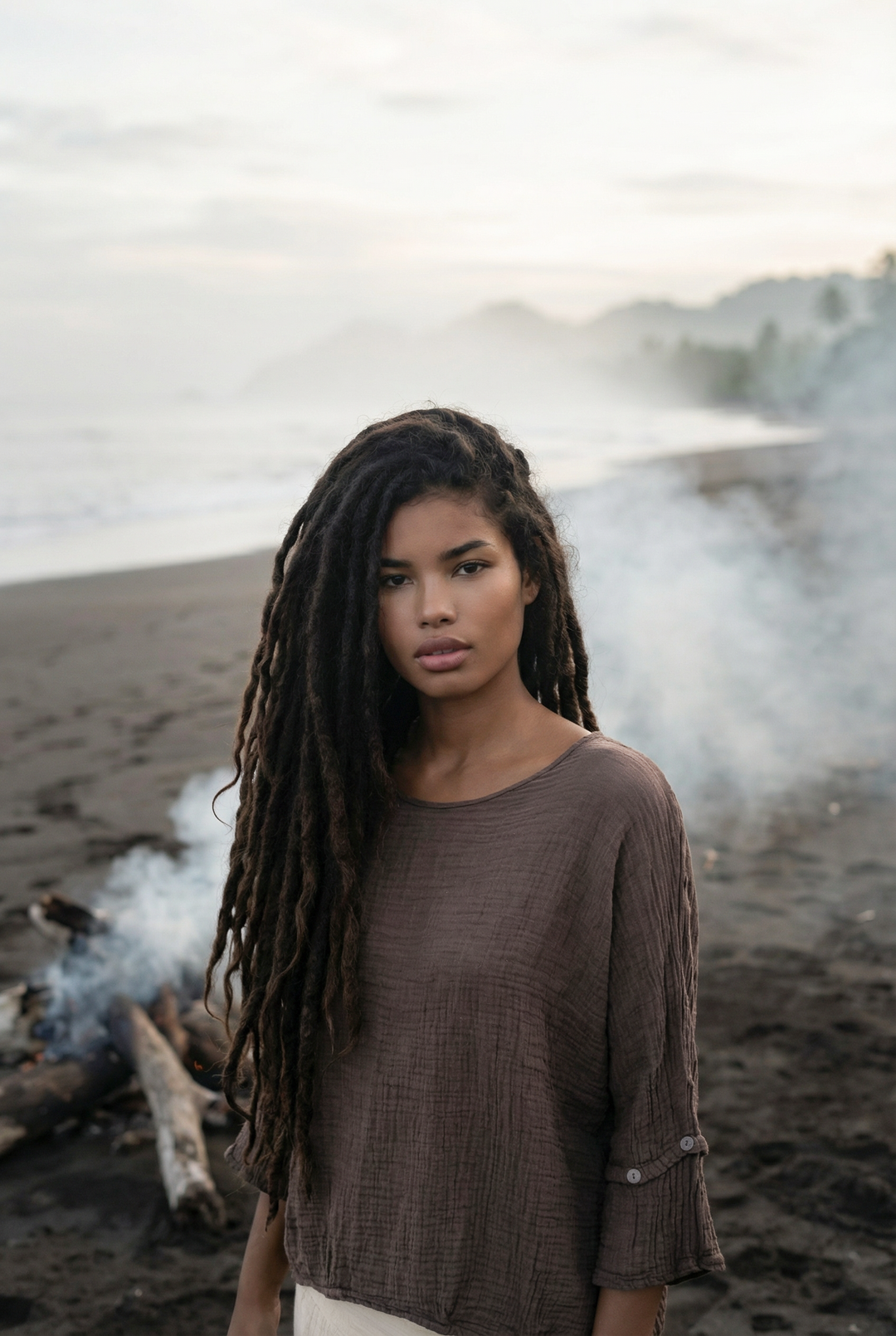 Woman with long braided hair standing on a beach with smoke in the background