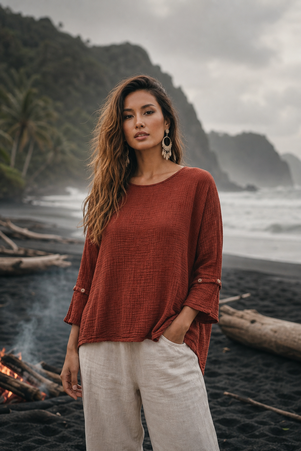 Woman in a rust-colored top and light pants standing on a beach with a forested cliff in the background.