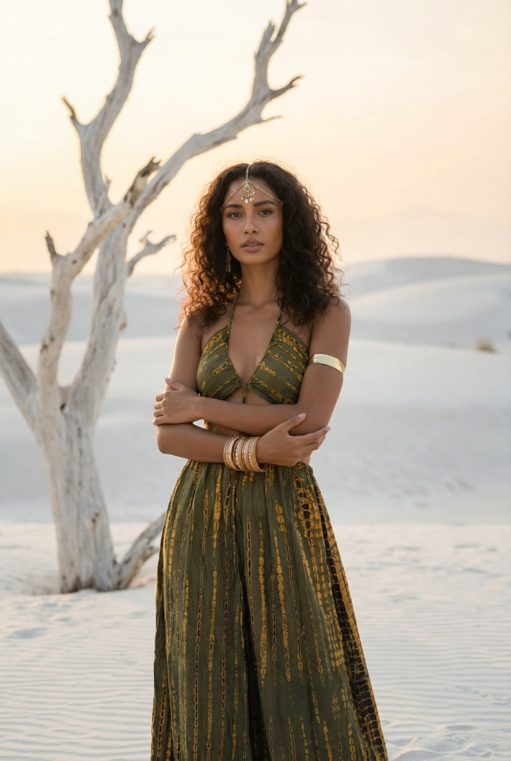 Woman in a green dress standing in a desert landscape with a tree.
