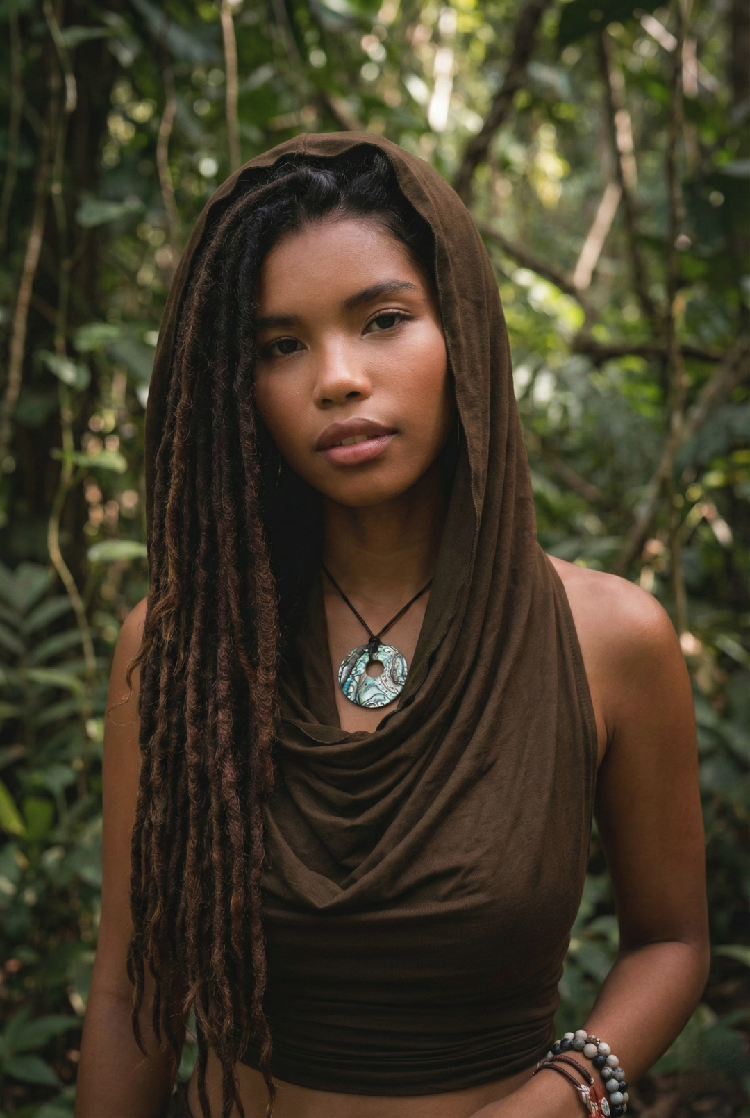 Woman with long braided hair wearing a brown top in a forest setting