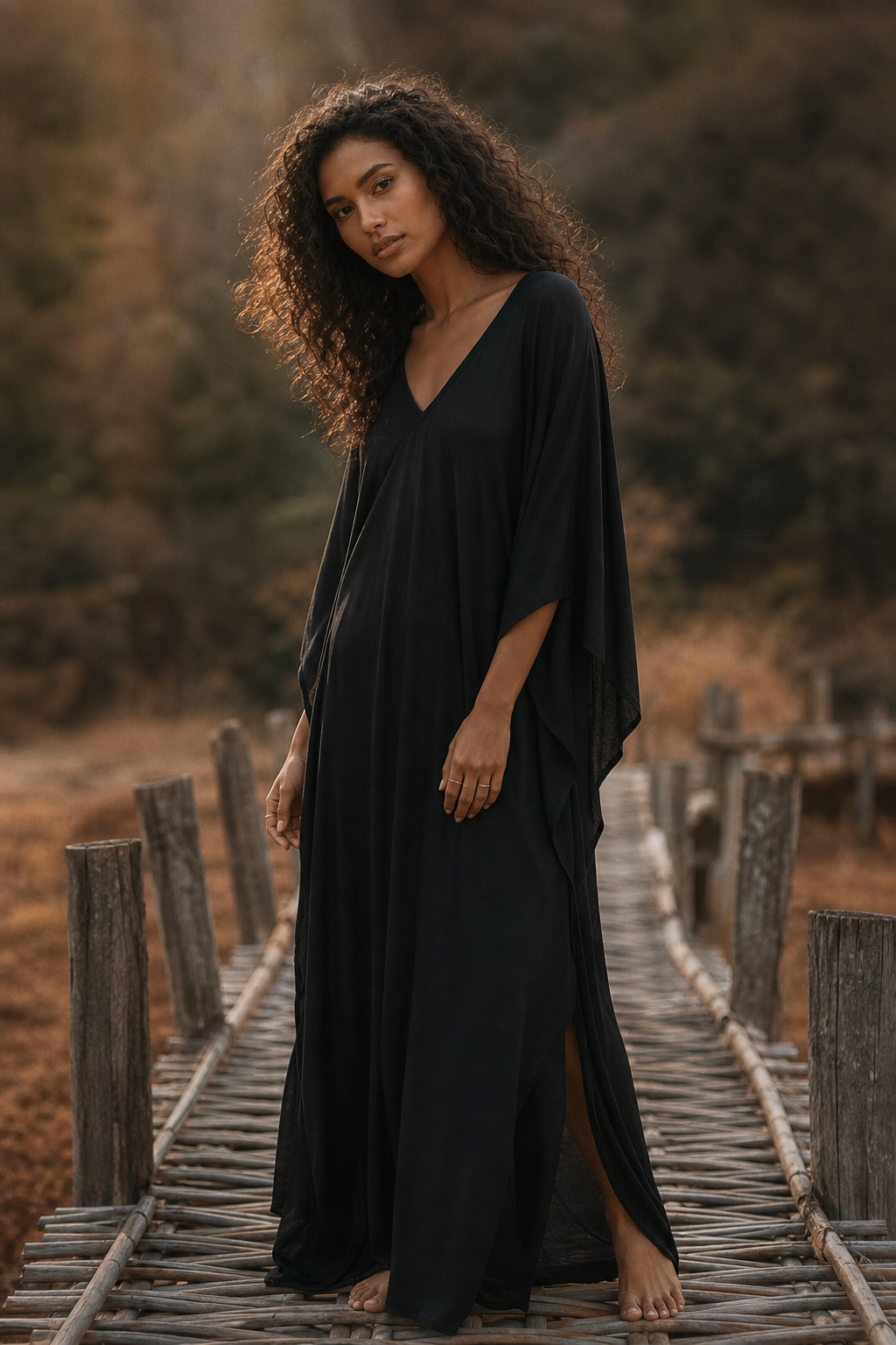 Maxi Kaftan Dress Solid Black