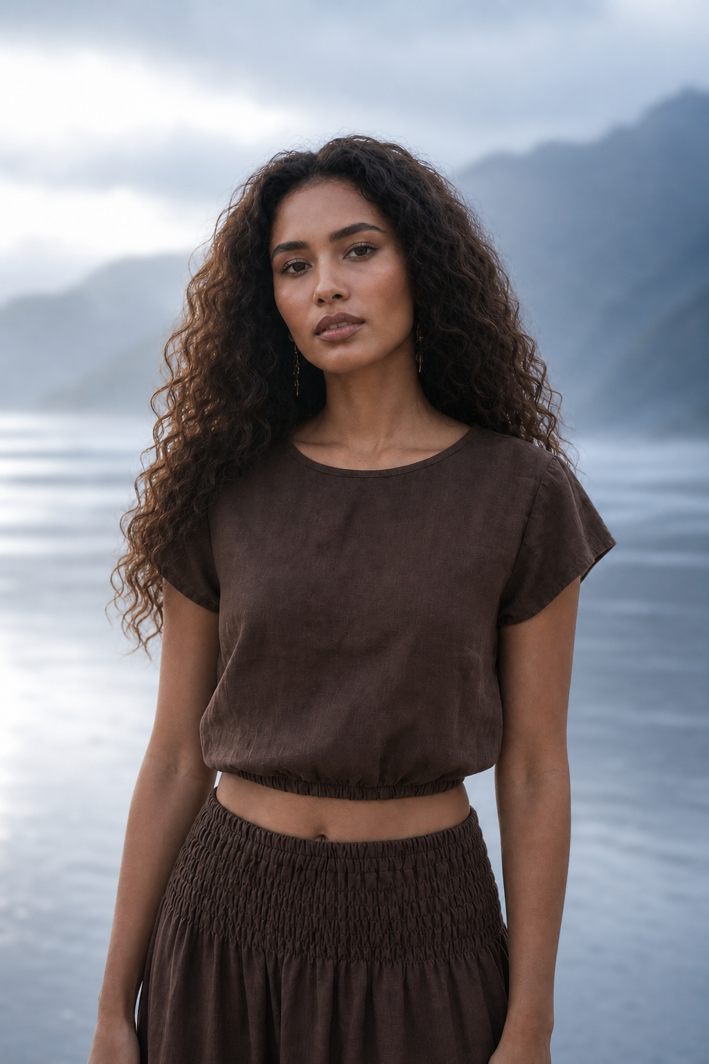 Woman in a brown outfit standing in front of a mountainous landscape