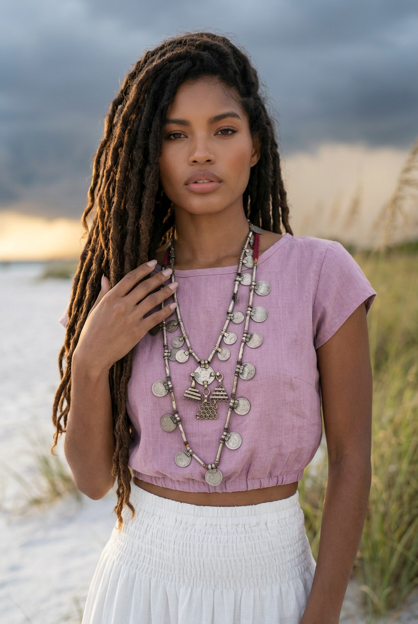 Woman with long braided hair wearing a purple top and white pants, standing on a beach.