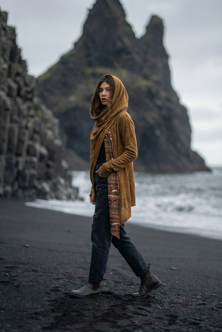 Nyx Hooded Sweater Cardigan Caramel Mandala