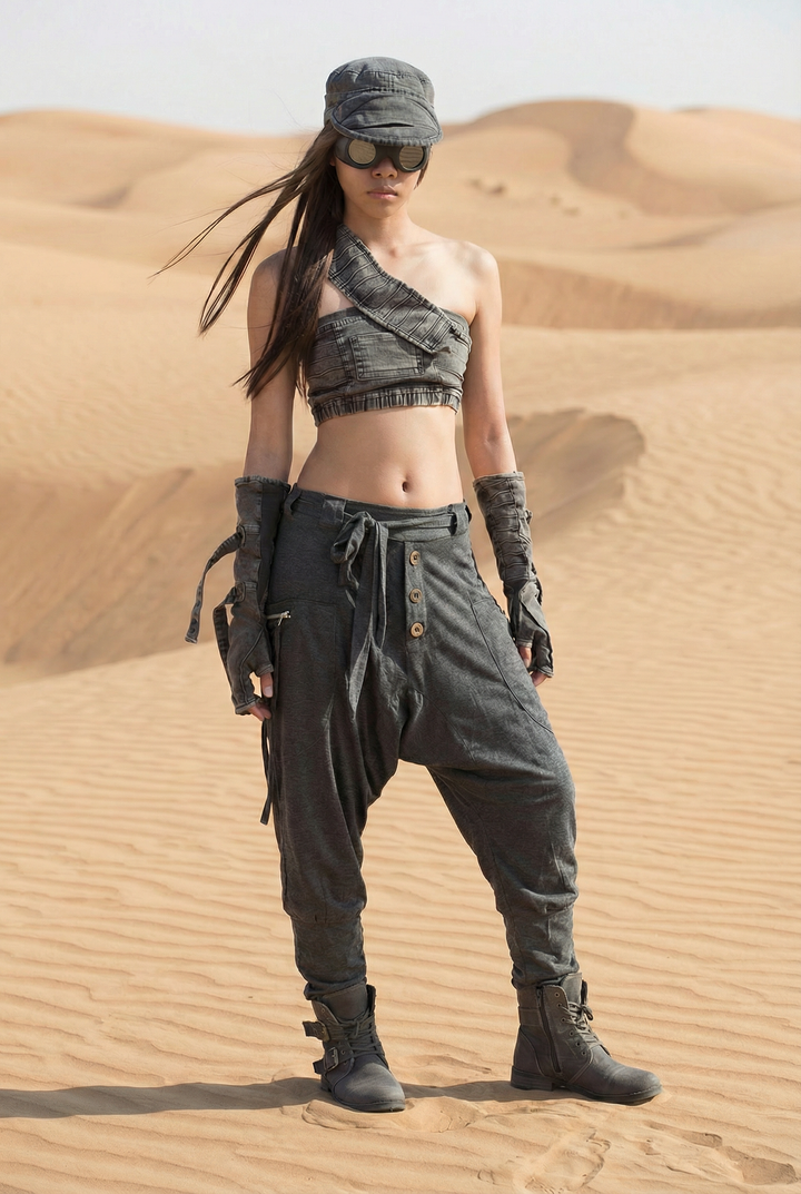 Person in desert attire with camouflage top and pants, standing on sand dunes.