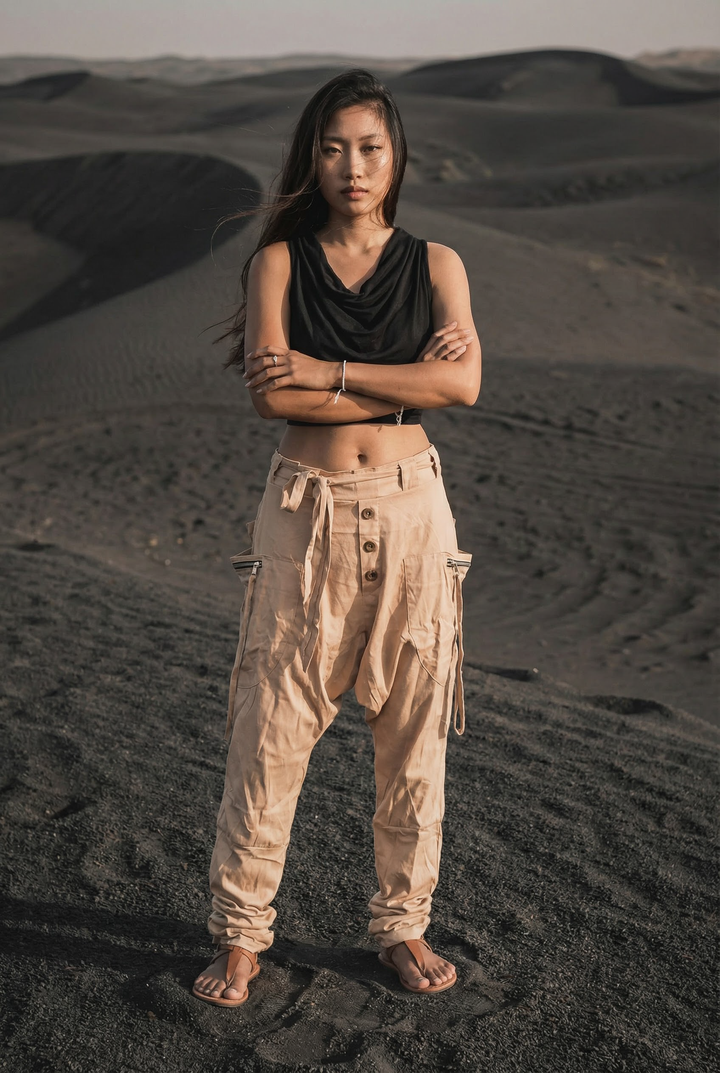 Woman standing in a desert landscape with sand dunes in the background