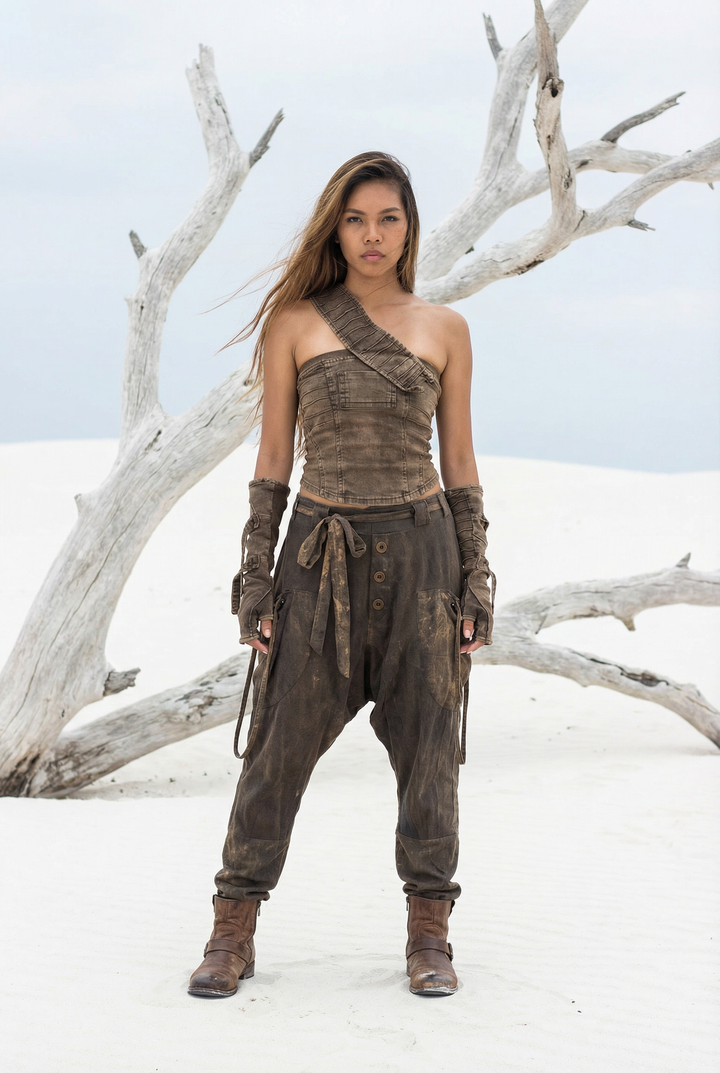 Person in rustic outfit standing in a snowy landscape with bare trees.