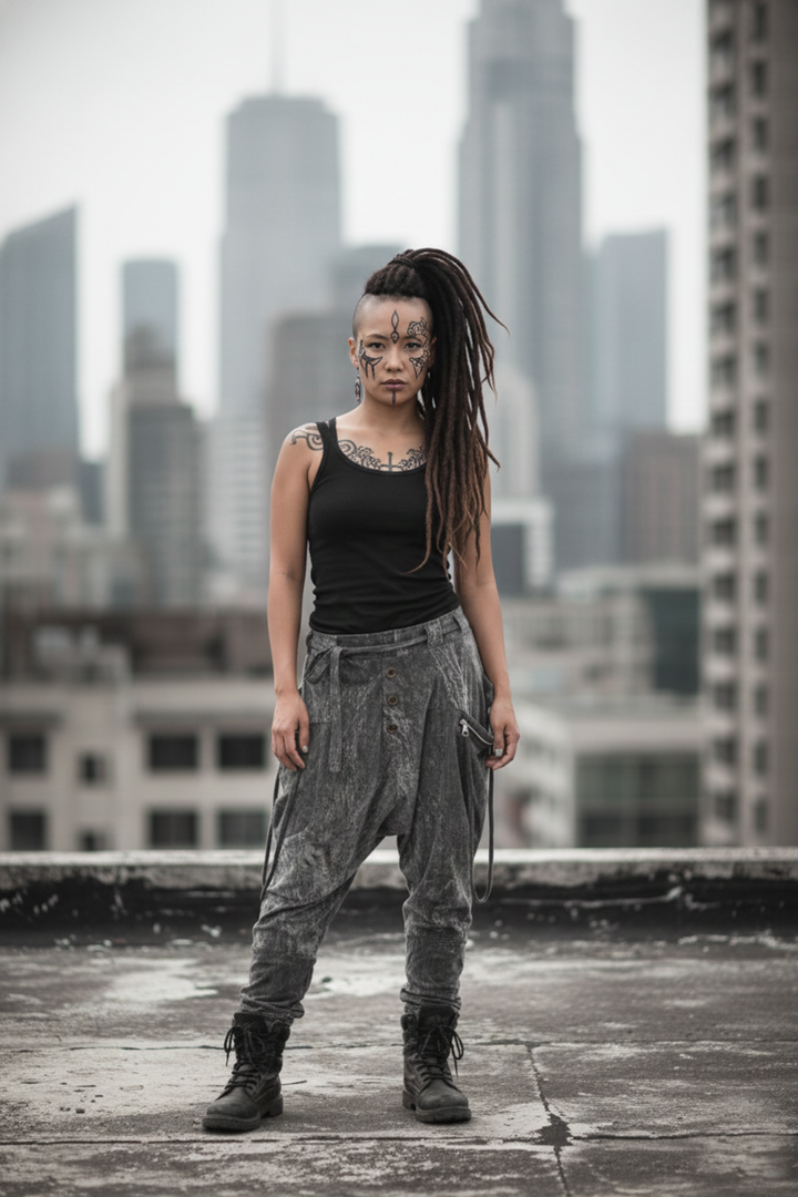 Person standing on a rooftop with a city skyline in the background