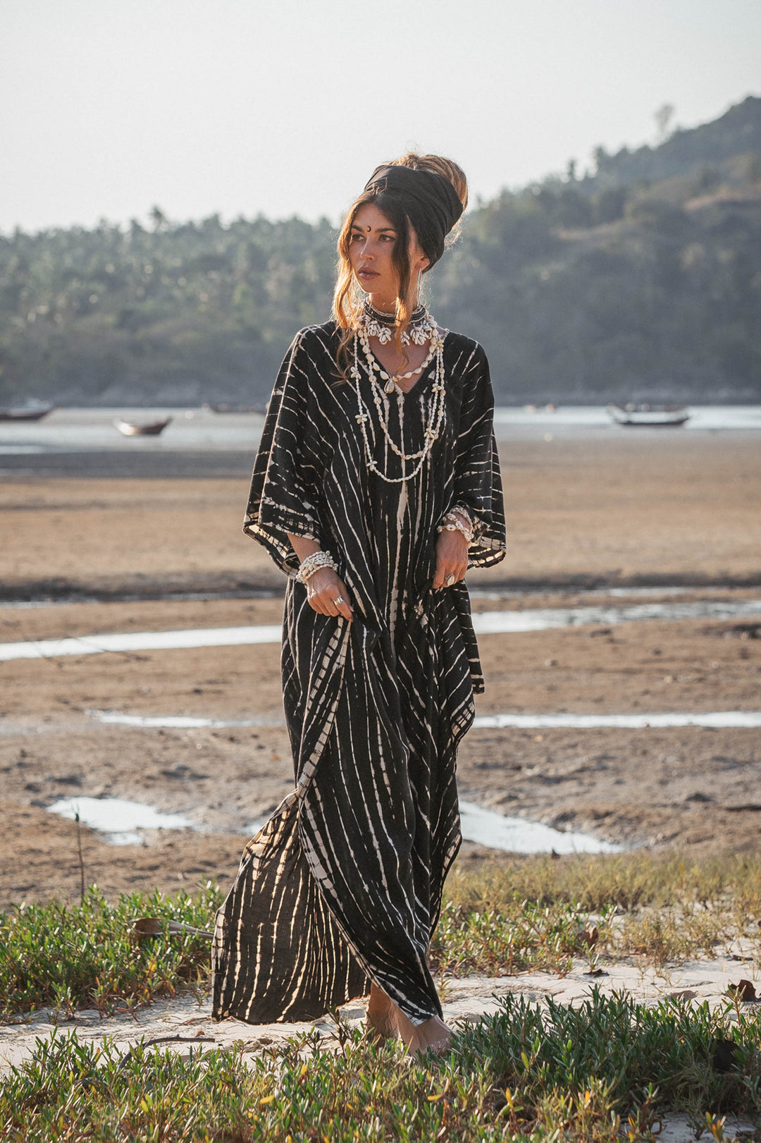 Boho Maxi Kaftan Dress for Women | Bali Style Tie Dye | Elegant Beach Cover-Up and Evening Wear in Black Boho Maxi Kaftan Dress for Women | Bali Style Tie Dye | Elegant Beach Cover-Up and Evening Wear in Black