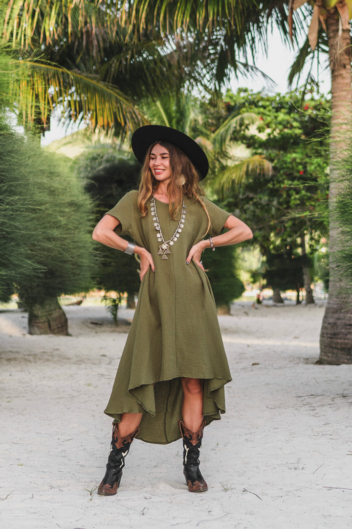 Gauze Cotton Dress Rhea Olive – Thaluta
