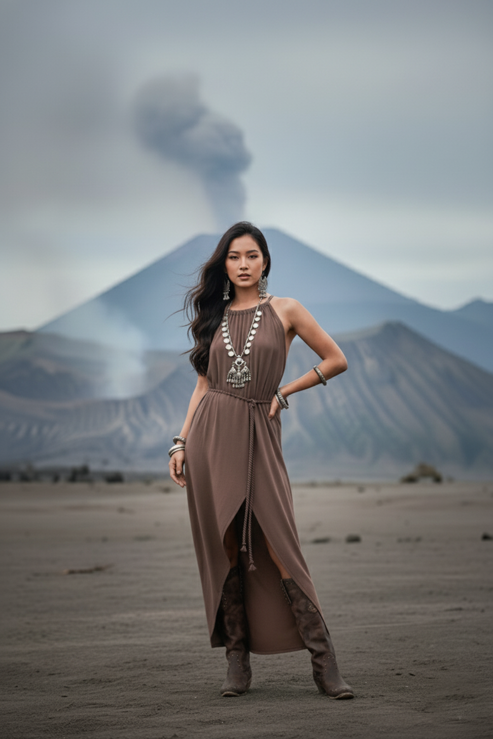 Woman in a long brown dress standing in a desert with mountains and smoke in the background
