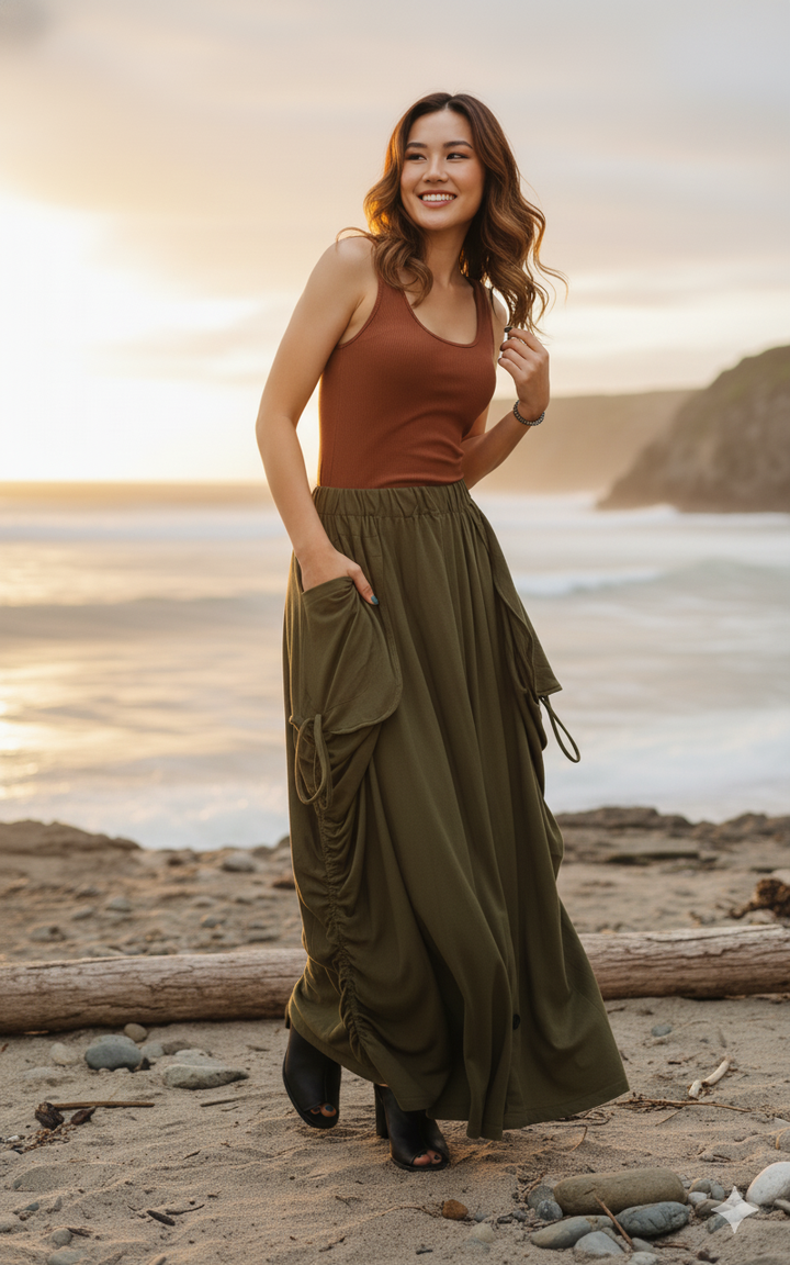 2-in-1 Maxi Skirt Palazzo Pants Olive