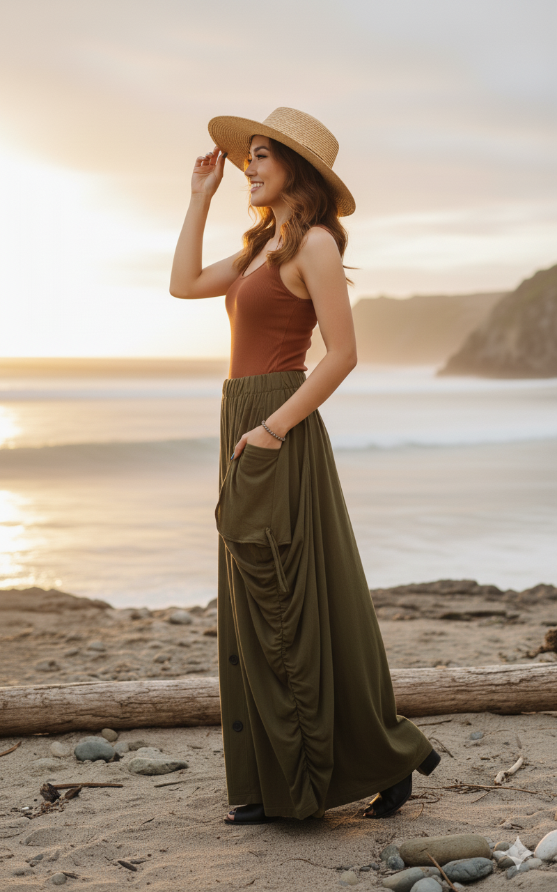 2-in-1 Maxi Skirt Palazzo Pants Olive