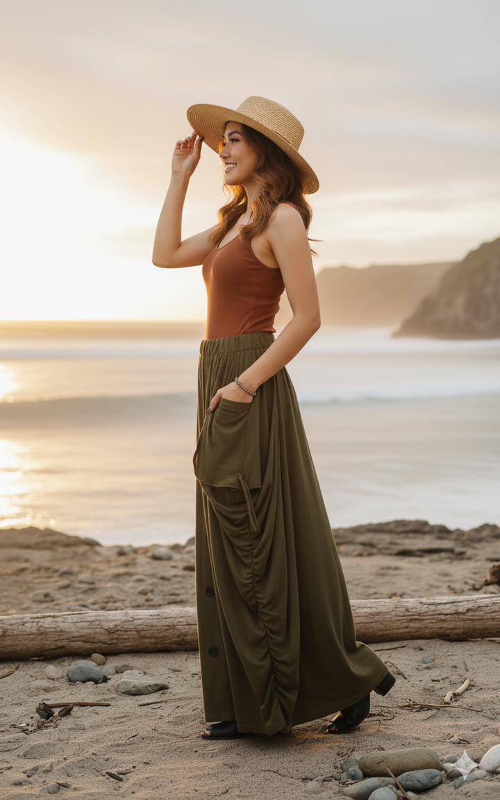 2-in-1 Maxi Skirt Palazzo Pants Olive