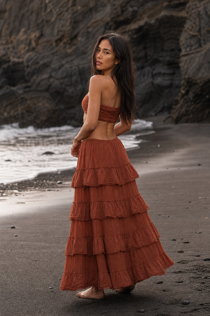 Mira Cotton Boho Ruffle Skirt Sunset Orange